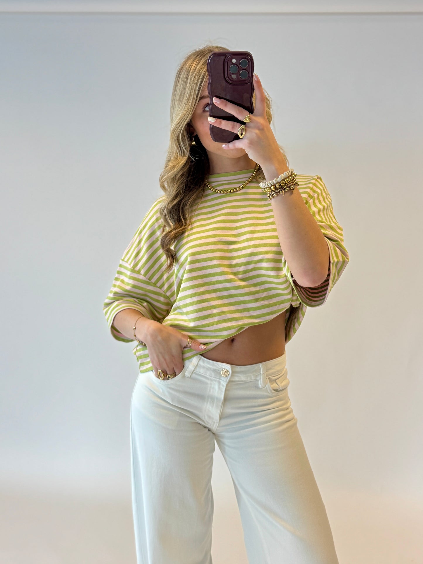 Striped shortsleeve top - groen