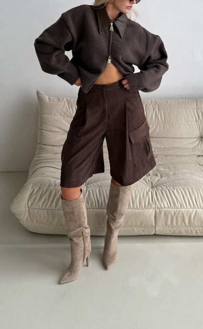 Zoey leather collar knit cardigan - bruin