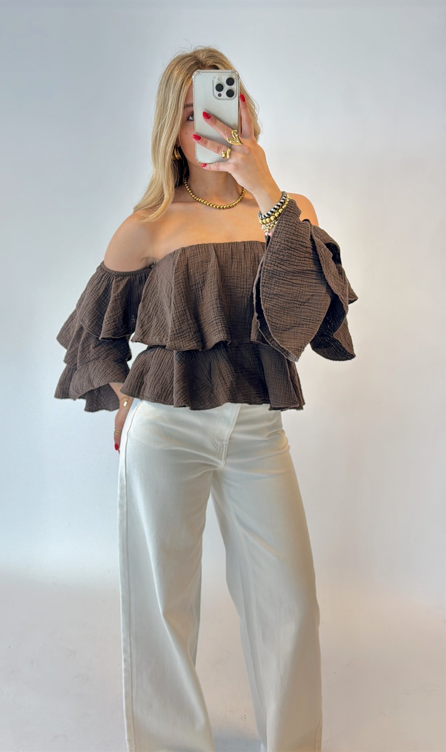 Ruffle off shoulder top - bruin