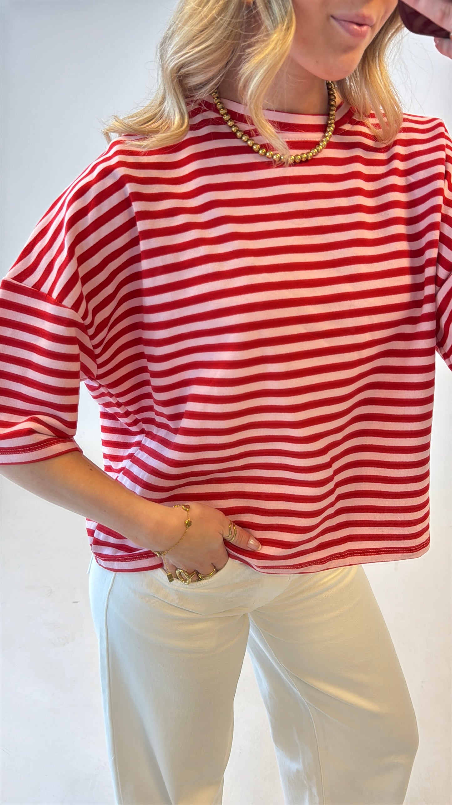 Striped shortsleeve top rood/roze