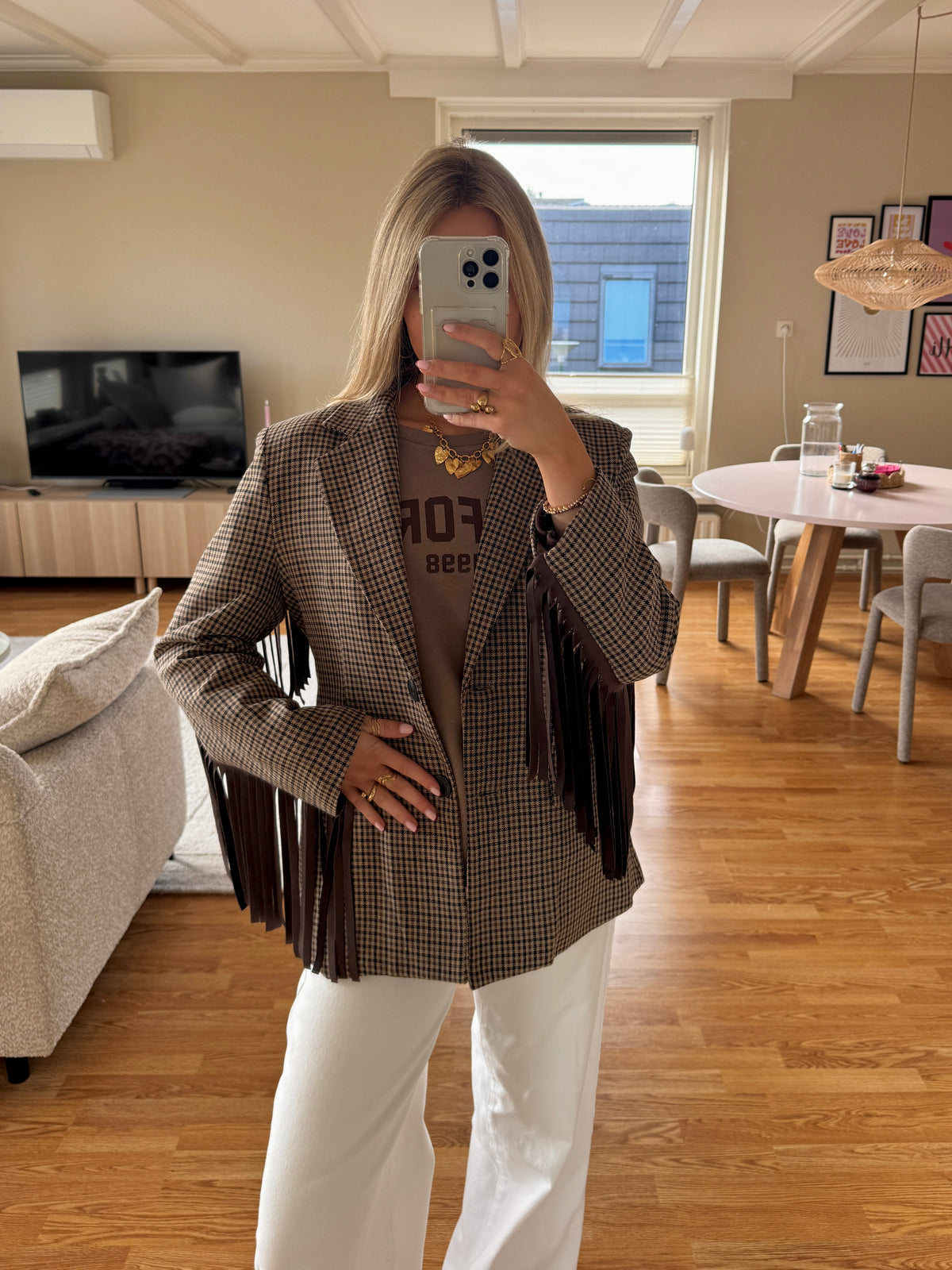 Fringe checkered blazer - taupe