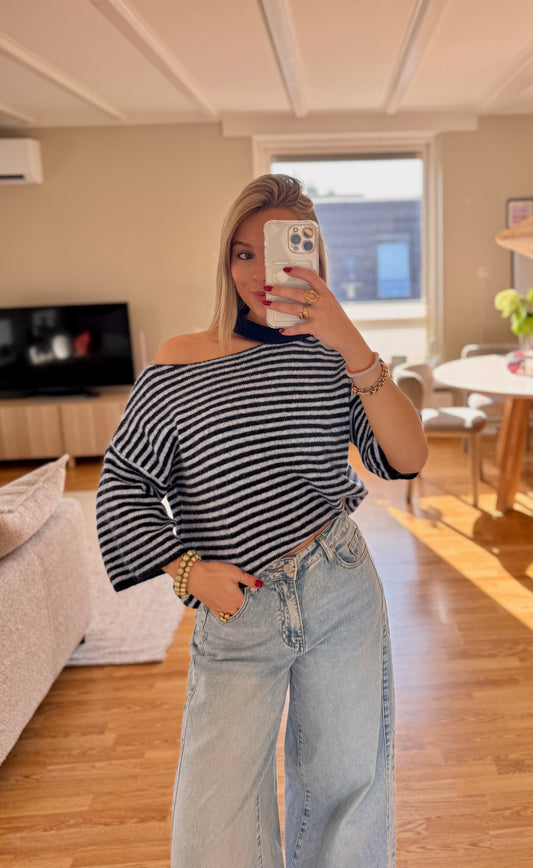 Striped cut out shoulder knit - navy