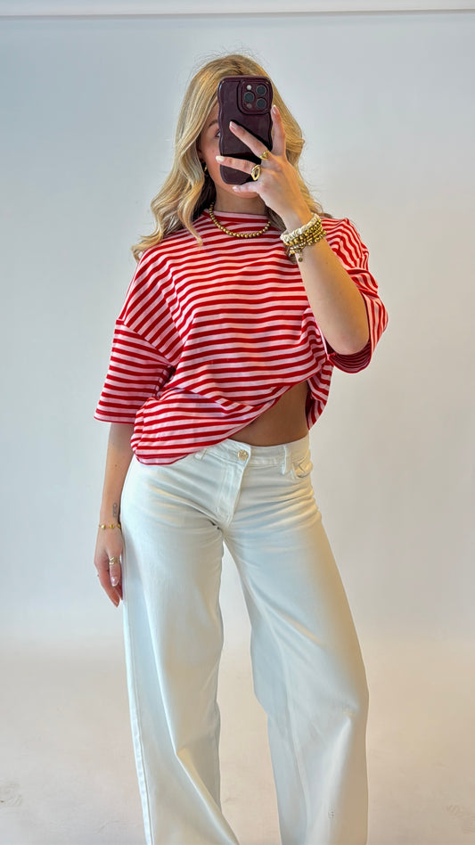 Striped shortsleeve top rood/roze