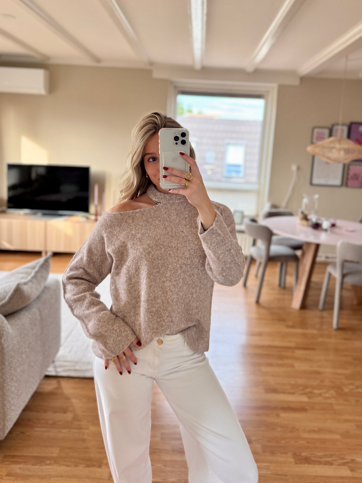 Cut out shoulder knit long - taupe