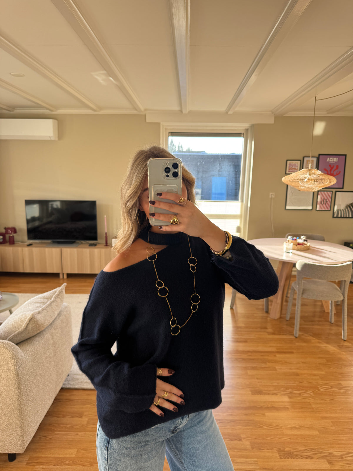 Cut out shoulder knit long - navy