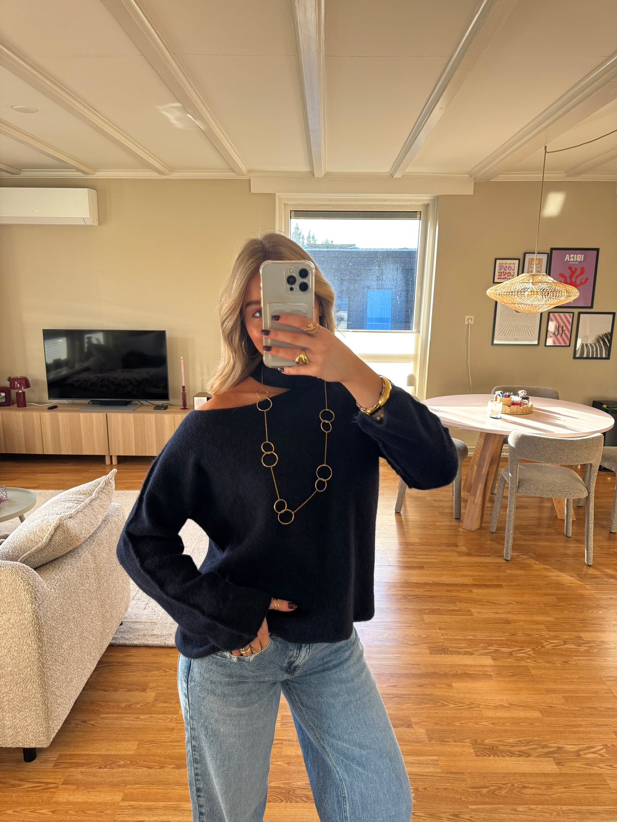 Cut out shoulder knit long - navy