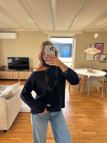 Cut out shoulder knit long - navy