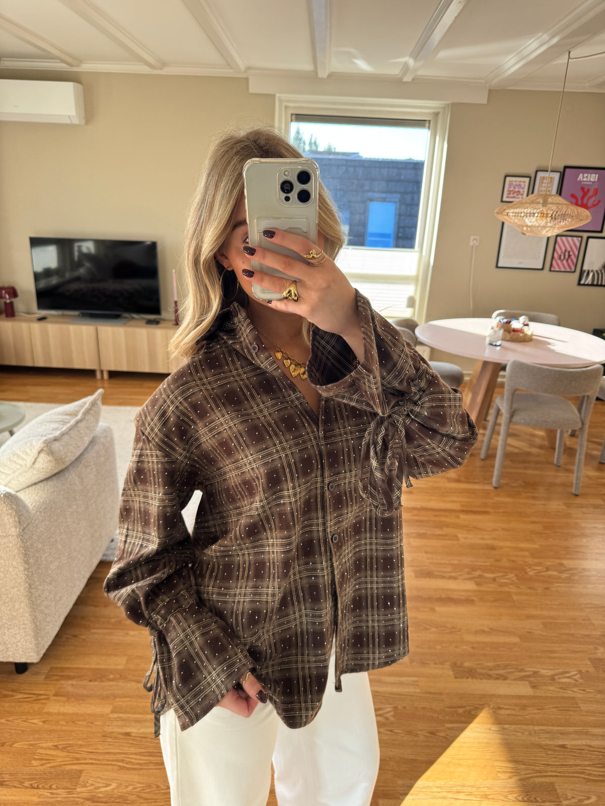Desi checkered glitter blouse - bruin