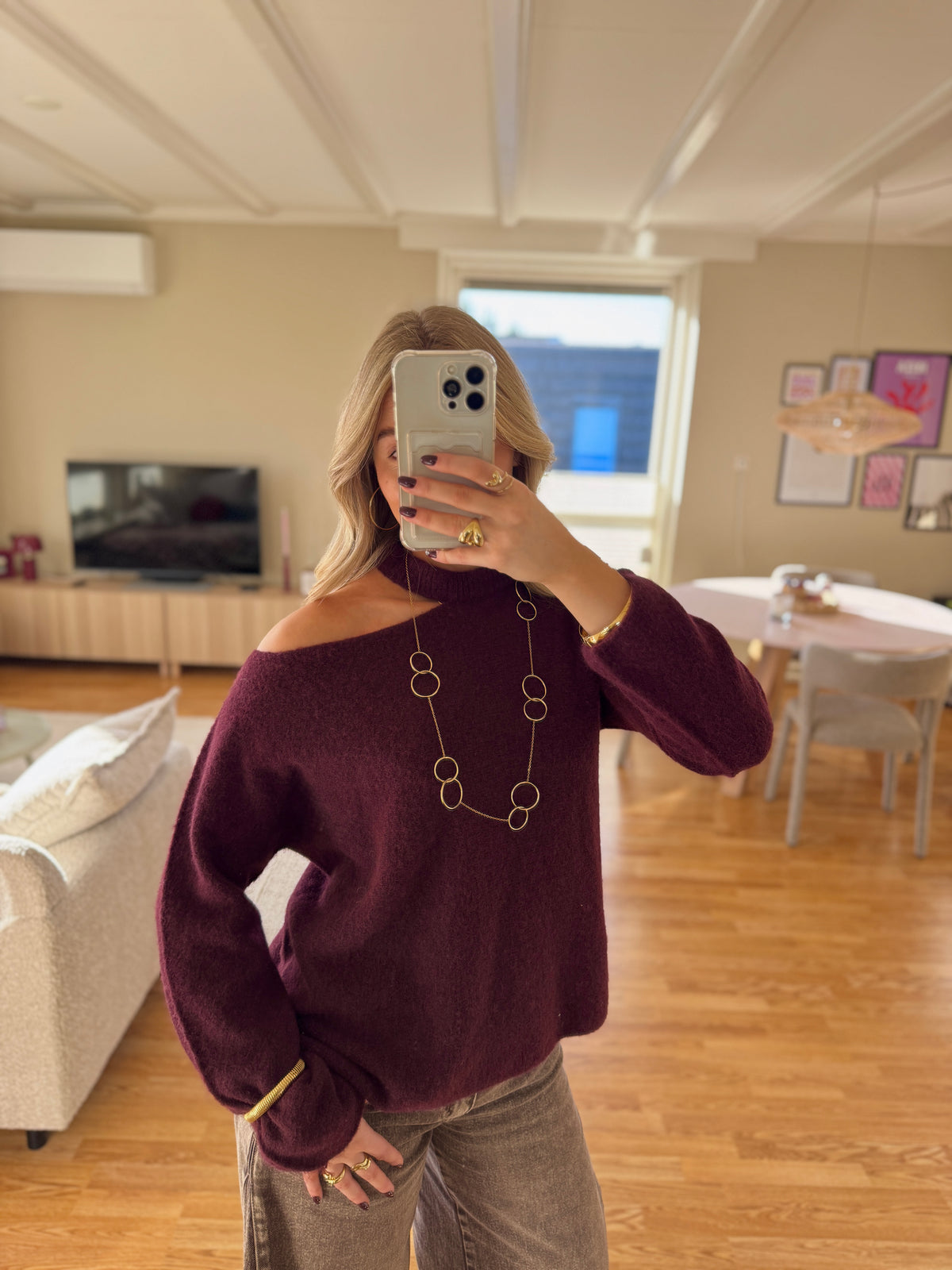 Cut off shoulder knit long - burgundy