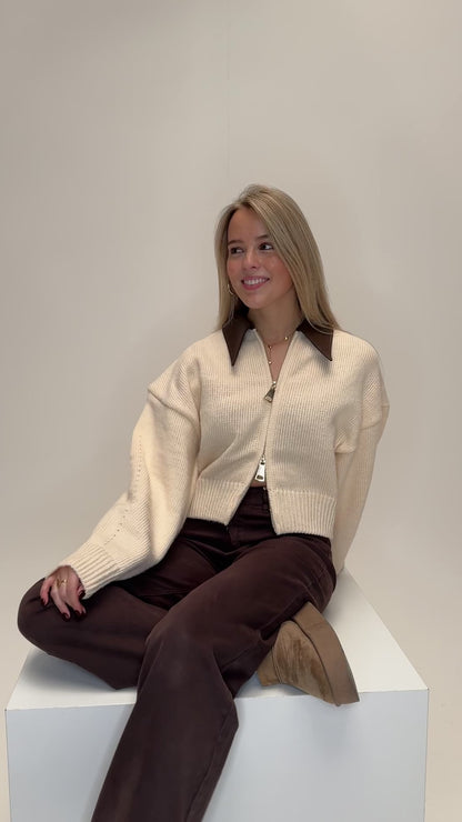 Zoey leather collar knit cardigan - creme
